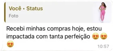 Mensagem de uma cliente que diz 'Recebi minhas compras hoje, estou impactada com tanta perfeição.'