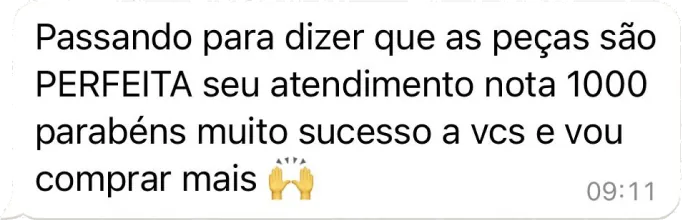 Mensagem de uma cliente que diz 'Passando pra dizer que as peças são PERFEITA seu atendimento nota 1000 parabéns muito sucesso a vcs e vou comprar mais.'